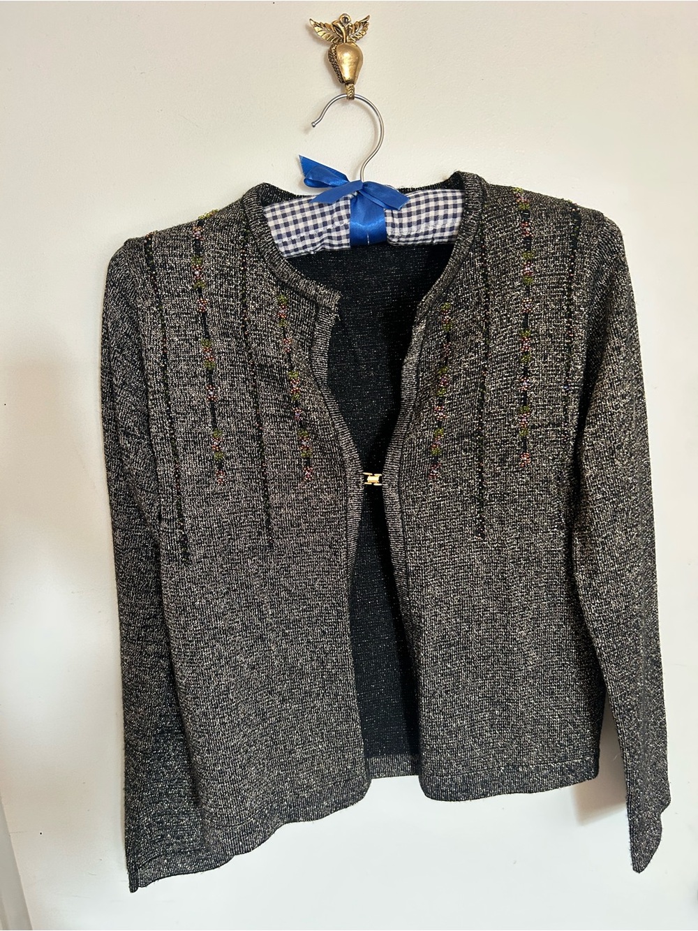 Women's medium grey beaded wool Knit cardigan